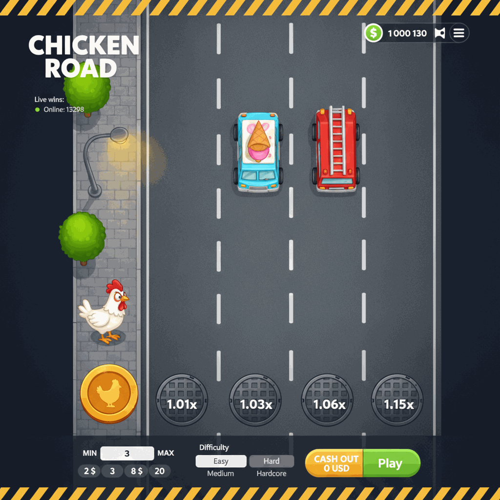 Schermata di gioco Chicken Road di InOut con un pollo bianco che attraversa corsie stradali grigie separate da linee tratteggiate bianche, con moltiplicatori crescenti su tombini circolari in ogni corsia, auto rosse e blu che rappresentano il pericolo, e un marciapiede urbano con alberi verdi e lampione a sinistra